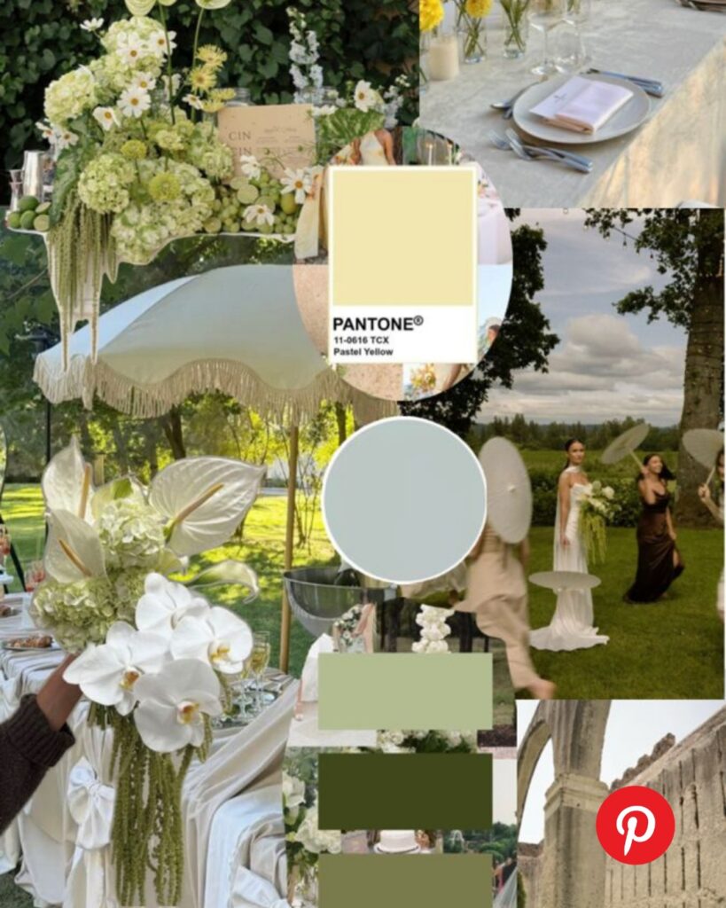 Garden party wedding mood board featuring pastel yellow and green color palette, lush floral tablescapes, outdoor reception setup, bridesmaids styling, and elegant summer wedding inspiration.