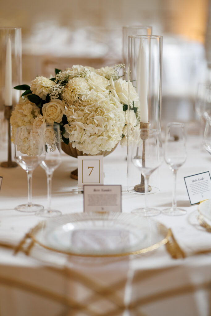 Elegant wedding reception table with white hydrangea and rose centerpiece, gold-rimmed charger plates, glass cylinder candles, and neutral linens for a timeless classic tablescape.