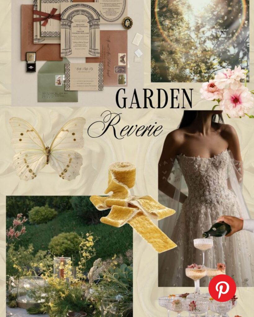 Romantic garden wedding mood board with soft florals, butterfly details, vintage invitations, bride in lace gown, champagne tower, and dreamy outdoor reception inspiration.