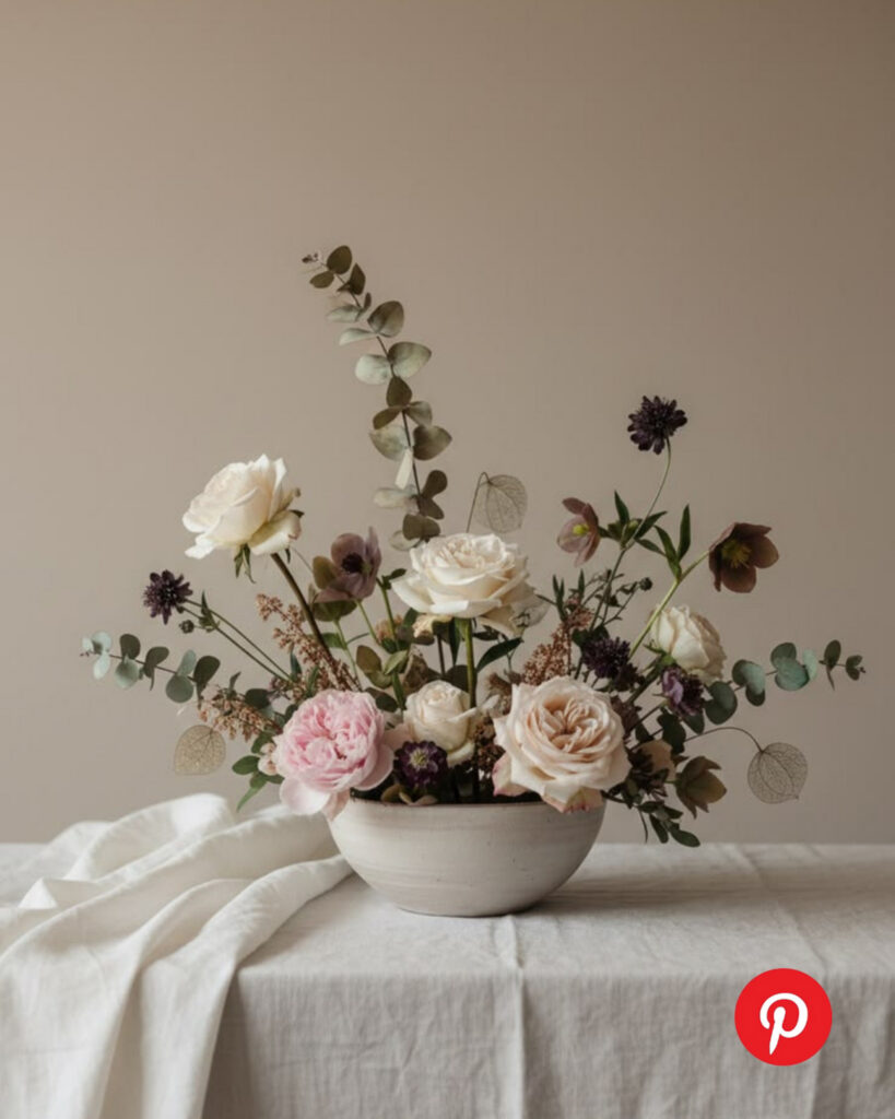 Minimalist wedding floral arrangement in a low ceramic bowl with blush roses, eucalyptus, and delicate stems styled on a neutral linen table for an organic, modern look.