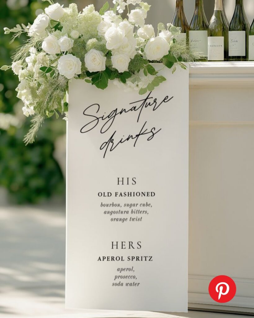 Modern white wedding sign displaying signature cocktails with a lush white floral arrangement on top at an outdoor bar setup.