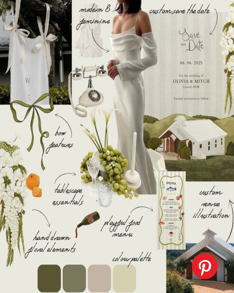 Modern wedding mood board featuring bow details, neutral color palette, custom save the date stationery, vintage phone accents, grapes, florals, and soft editorial bridal styling.
