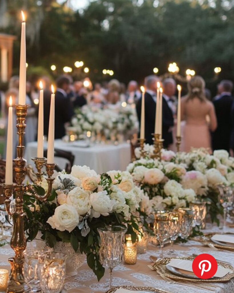 Elegant outdoor wedding reception at dusk featuring gold candelabras, lush white floral centerpieces, and candlelit tables set for a romantic evening celebration.
